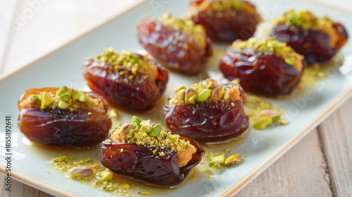 Stuffed medjool dates with nut butter filling, pistachio topping platter, healthy dessert appetizer bites, sweet salty no bake snack, natural fruit sweets for party table, gourmet date recipes trend