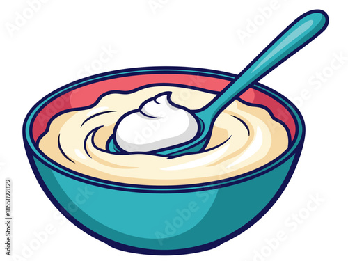 Vector illustration of a bowl of creamy dessert with a spoon resting inside on a white background