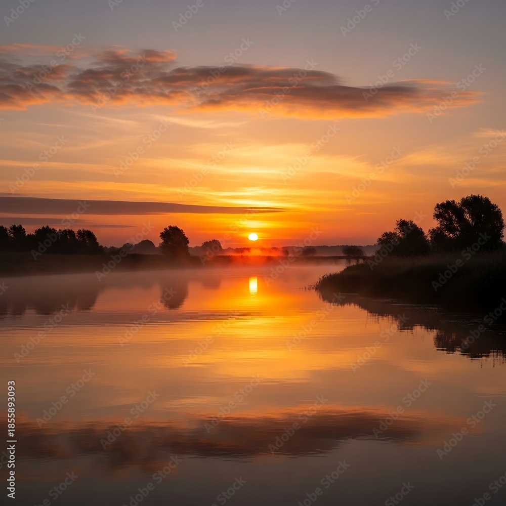 Obraz premium Golden Sunset Reflections Over Serene Waters.