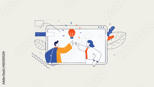 Flat illustration of mentor explaining idea to colleague on large computer screen with lightbulb moment