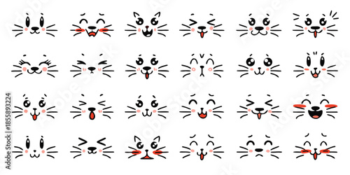 Cat face emotions. Kitty cartoon emoji with mouth, nose whiskers and eye in Japanese kawaii style. Happy, sad and angry, crazy and crying cute pet expression. Vector isolated set
