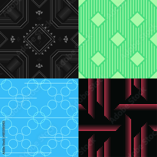 Collection of 4 abstract seamless patterns with colorful geometric lines on various backgrounds.