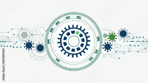 Flat illustration featuring a minimal sci fi gateway with gears and circuits on white background for futuristic technology concepts