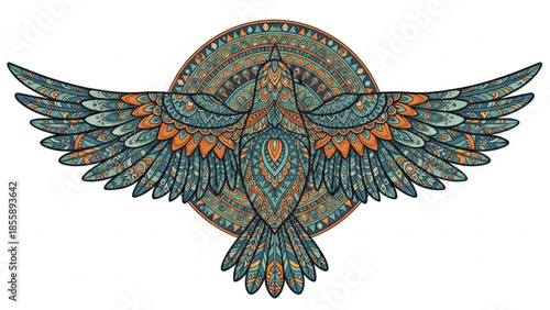Vibrant colorful bird with intricate patterns and wings spread wide in front of circular mandala design