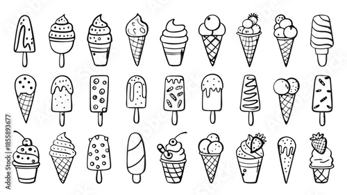 Sketch ice cream. Doodle frozen gelato dessert, eskimo and ice-cream in waffle cone, sundae scoops. Hand drawn vintage menu elements. Vector isolated set
