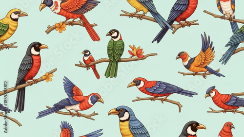 Colorful illustration of various birds on branches with flowers on light blue background