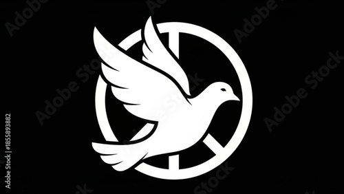 White dove flying in peace sign on black background symbolizing hope and freedom