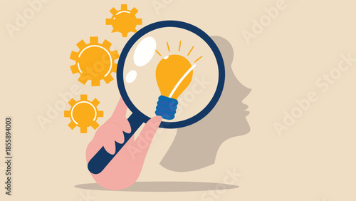 Flat illustration of a person looking through magnifying glass at lightbulb with gears, symbolizing ideas and innovation