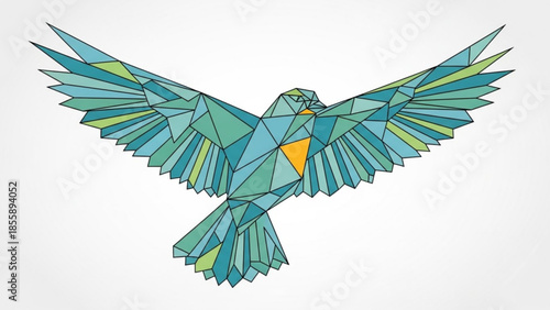 Vibrant polygonal bird in flight with spread wings in shades of blue and green on white background