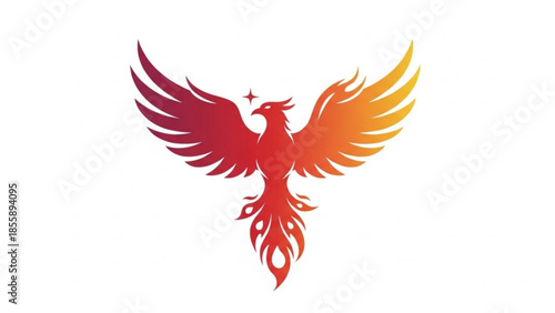 Vibrant phoenix bird with fiery plumage spread wings rising star