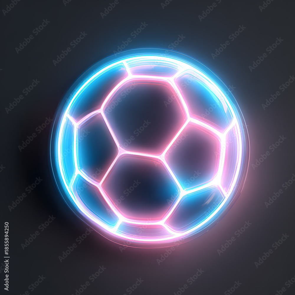 Naklejka premium Illuminated Soccer Ball: A neon-lit soccer ball radiates a vibrant glow against a dark backdrop, capturing the essence of sport and technology.