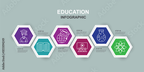 Education timeline hexagon infographic template with 6 options