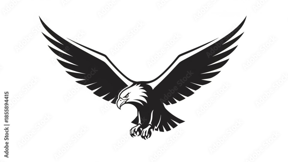 Obraz premium Black and white eagle flying with outstretched wings and sharp talons on solid background