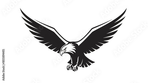 Black and white eagle flying with outstretched wings and sharp talons on solid background