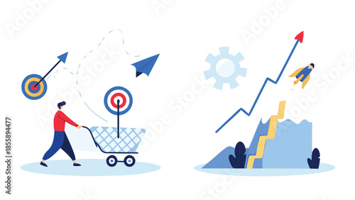 Flat illustration featuring a person pulling a shopping cart with targets and arrows, symbolizing business growth and success
