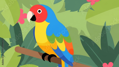 Vibrant multicolored parrot perched on branch surrounded by lush greenery and pink flowers in tropical
