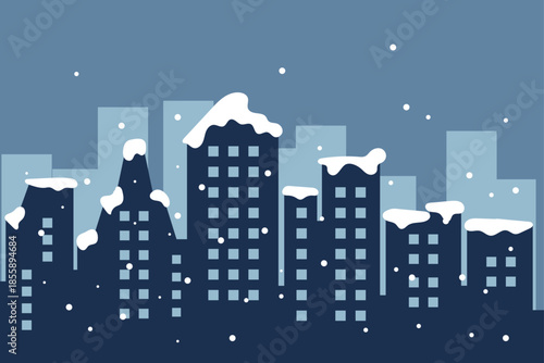 Winter illustration dark houses panorama on snowfall background flat vector