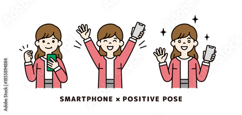 スマートフォンを持つ女性・OLのベクターイラスト素材＿ポジティブなポーズセット＿カラー