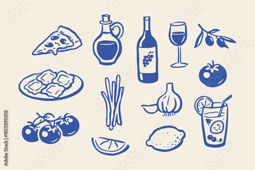 Italian food and drink set doodle line art vector illustration