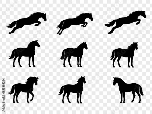 Minimalist vector illustration featuring a large collection of black horse silhouettes in diverse poses, including standing, walking, resting, and mare-with-foal scenes. Clean solid shapes with smooth