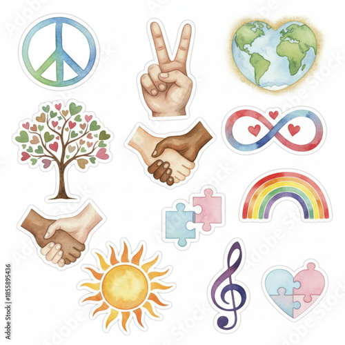 Peace Unity and Diversity Watercolor Sticker Elements Set