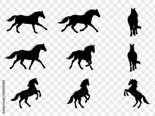 Minimalist vector illustration featuring a large collection of black horse silhouettes in diverse poses, including standing, walking, resting, and mare-with-foal scenes. Clean solid shapes with smooth