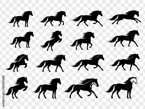 Minimalist vector illustration featuring a large collection of black horse silhouettes in diverse poses, including standing, walking, resting, and mare-with-foal scenes. Clean solid shapes with smooth