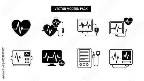 Modern vector pack cardiology icons electrocardiogram heart rhythm monitoring devices and medical equipment on white background