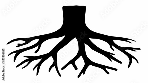The strong, sprawling root system of a tree is presented as a black silhouette.