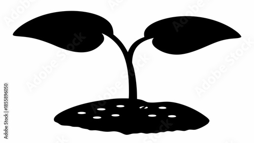 A solitary black silhouette of a young seedling sprouts from the ground.