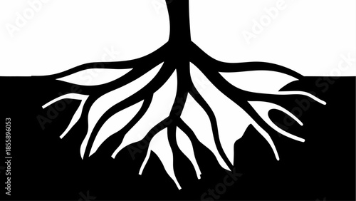 A robust network of tree roots is depicted in an artistic black and white silhouette with negative space.