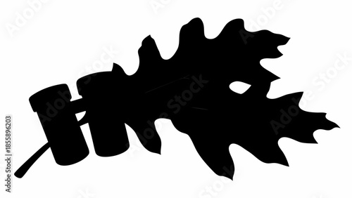 A classic black silhouette depicts an oak leaf alongside an acorn against a white backdrop.