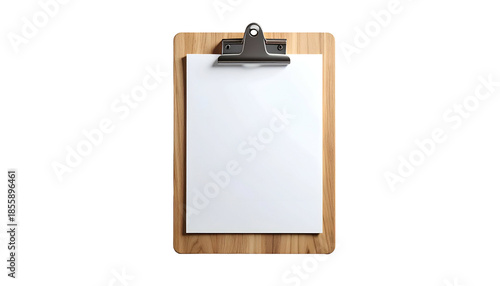 Top-down shot of a wooden clipboard with a blank white paper sheet, against black background