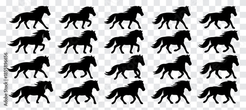 Minimalist vector illustration featuring a large collection of black horse silhouettes in diverse poses, including standing, walking, resting, and mare-with-foal scenes. Clean solid shapes with smooth
