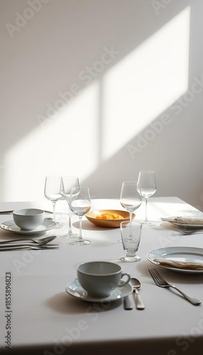 Wallpaper Mural Minimalist table setting, geometric arrangement of cutlery and dishes, soft diffused light casting delicate shadows,  geometric,  clean Torontodigital.ca
