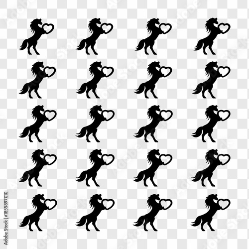 Minimalist vector illustration featuring a large collection of black horse silhouettes with love icon in diverse poses, including standing, walking, resting, and mare with foal scenes.