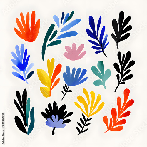 Vibrant Botanical Collection: An artful array of hand-painted floral elements showcasing a captivating collection of diverse colorful botanical forms, perfect for creative design and natural art.