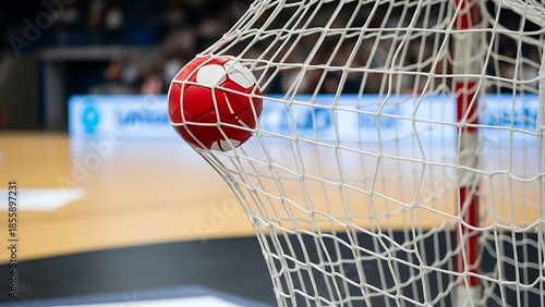 Red and white handball caught in goal net during an intense indoor game.