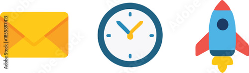 Email, clock, and rocket icons set for communication, time management, and launch concept