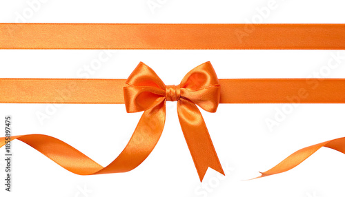 Orange satin ribbon arranged in a bow, with flowing ends, set against a black backdrop