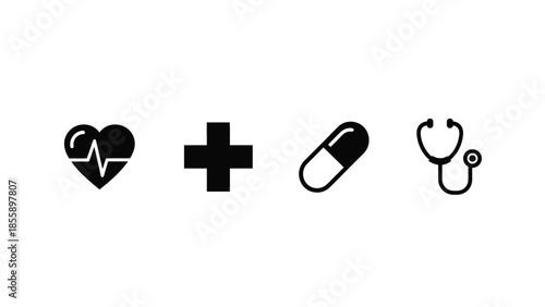 Simple icons representing healthcare, medicine, and well-being on a white background