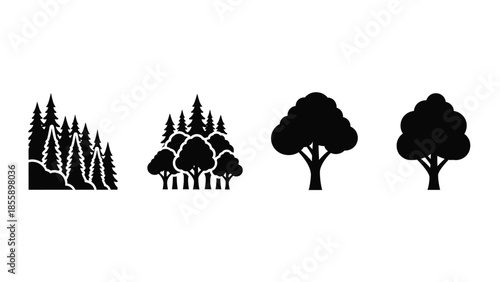 Diverse collection of stylized trees and forests in black silhouette
