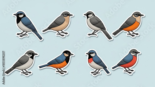 Eight colorful bird stickers on light green background, various species, white outlines