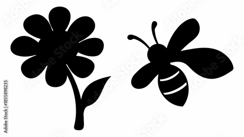 A simple black silhouette of a blossoming flower is positioned beside a flying bee.