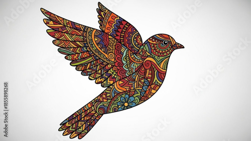 Colorful ornate bird in flight with intricate patterns and designs on its body and wings on white