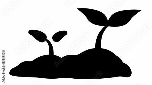 Two small seedlings growing from separate mounds of earth, presented as a black silhouette.