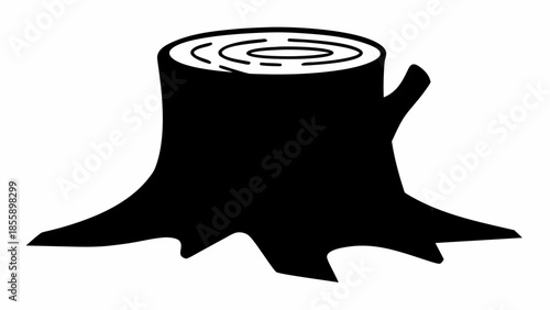 A sturdy tree stump with visible growth rings is presented as a solid black silhouette.