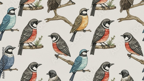 Colorful illustration of various birds perched on branches with leaves on gray background