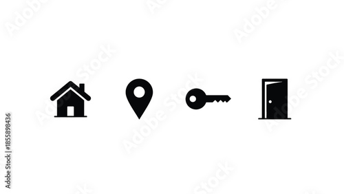 Simple icons representing home, location, key, and door for real estate or access concepts.