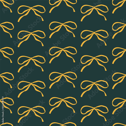 Seamless pattern of hand drawn yellow bows on green background. Template for greeting card, invitation, poster, banner, wrapping paper.